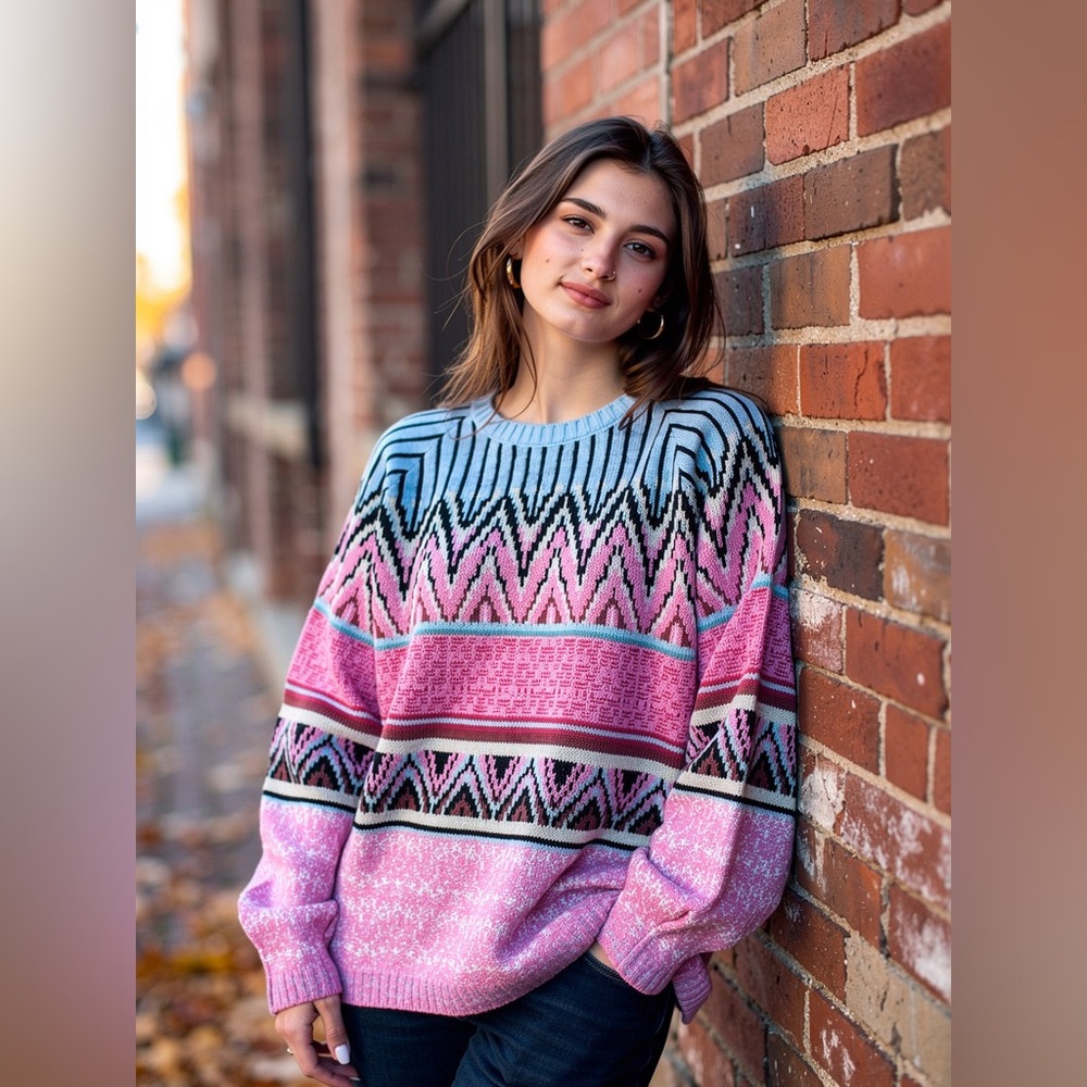 Oversized Pink & Blue Patterned Women's Sweater